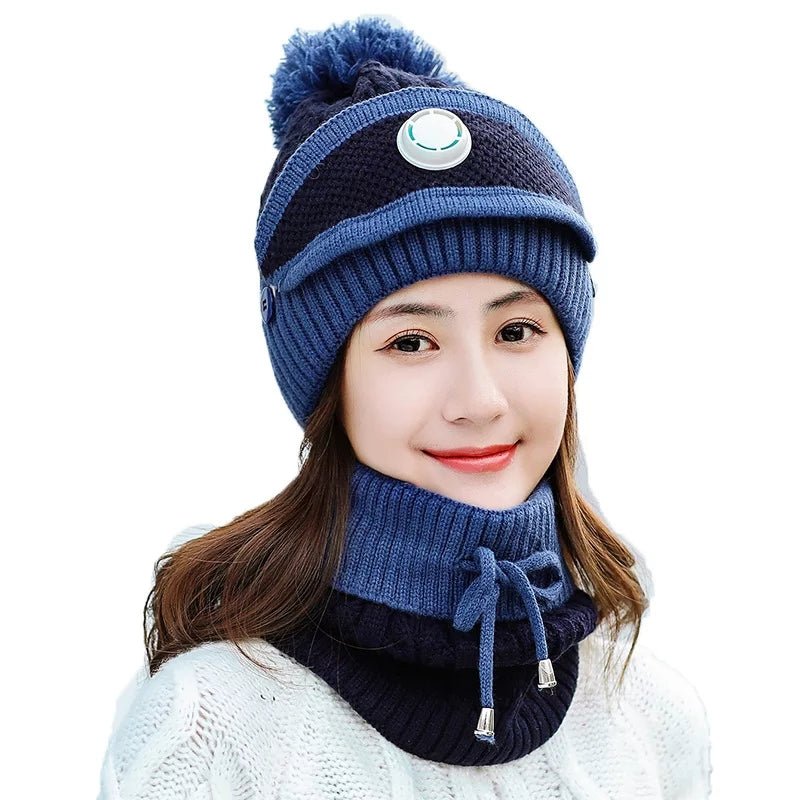 3PCS Womens Winter Warm Scarf Knitted Hat Mask with Filter Set Fashion Thickened Face Cover Outdoor UV Protection - AuraVibezs.store