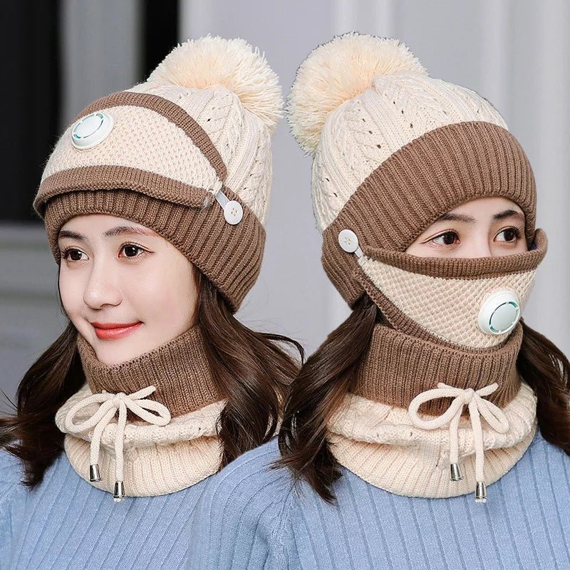 3PCS Womens Winter Warm Scarf Knitted Hat Mask with Filter Set Fashion Thickened Face Cover Outdoor UV Protection - AuraVibezs.store