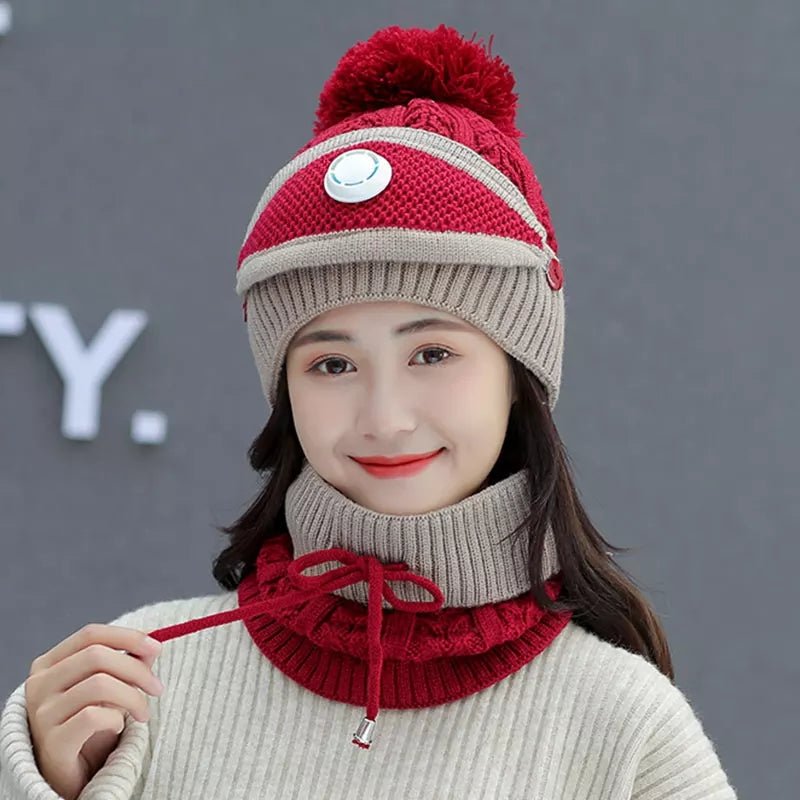 3PCS Womens Winter Warm Scarf Knitted Hat Mask with Filter Set Fashion Thickened Face Cover Outdoor UV Protection - AuraVibezs.store