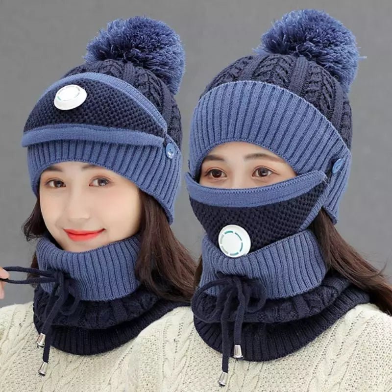 3PCS Womens Winter Warm Scarf Knitted Hat Mask with Filter Set Fashion Thickened Face Cover Outdoor UV Protection - AuraVibezs.store