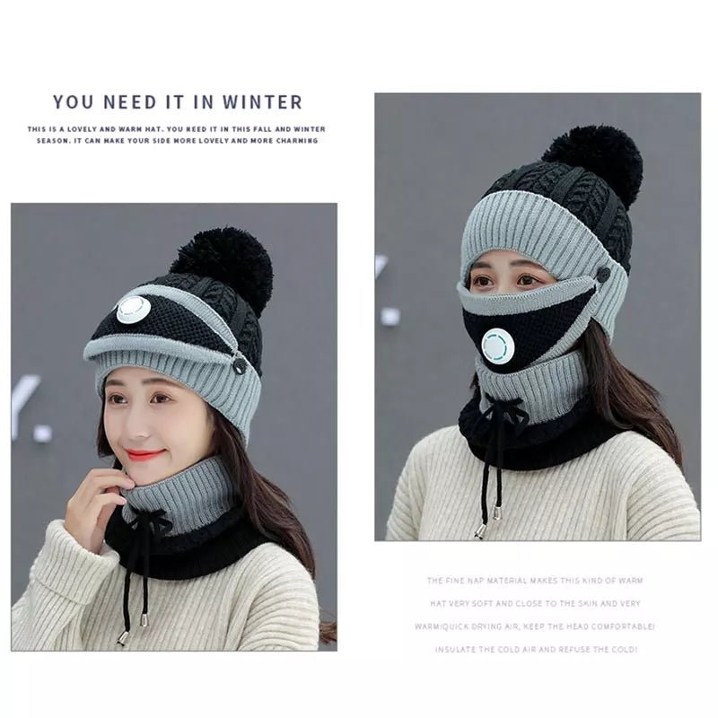 3PCS Womens Winter Warm Scarf Knitted Hat Mask with Filter Set Fashion Thickened Face Cover Outdoor UV Protection - AuraVibezs.store