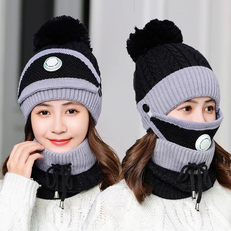 3PCS Womens Winter Warm Scarf Knitted Hat Mask with Filter Set Fashion Thickened Face Cover Outdoor UV Protection - AuraVibezs.store