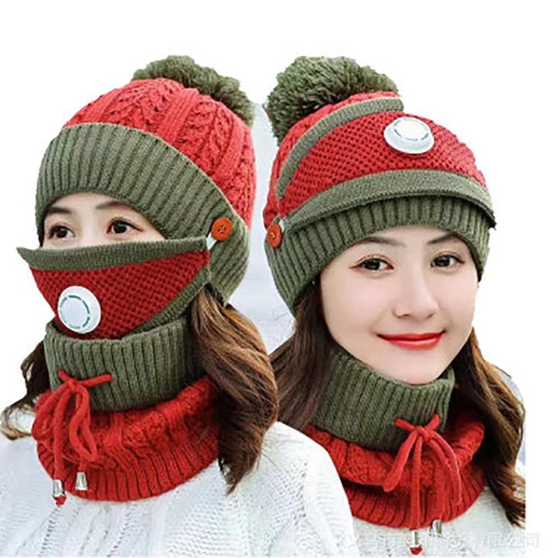 3PCS Womens Winter Warm Scarf Knitted Hat Mask with Filter Set Fashion Thickened Face Cover Outdoor UV Protection - AuraVibezs.store