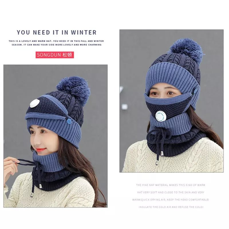 3PCS Womens Winter Warm Scarf Knitted Hat Mask with Filter Set Fashion Thickened Face Cover Outdoor UV Protection - AuraVibezs.store