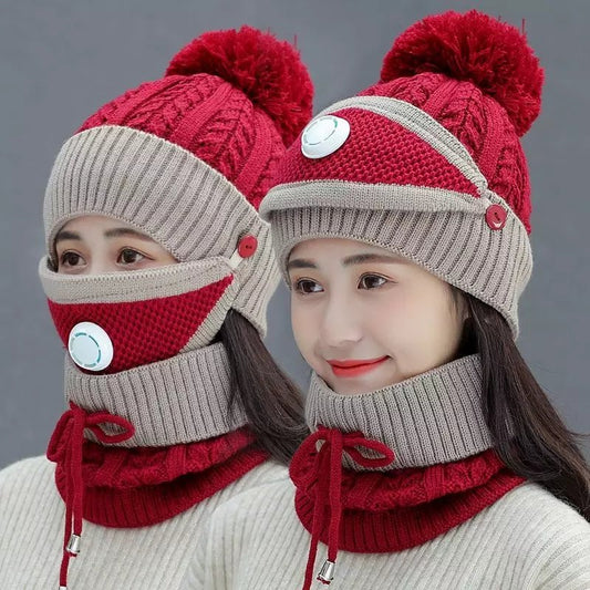 3PCS Womens Winter Warm Scarf Knitted Hat Mask with Filter Set Fashion Thickened Face Cover Outdoor UV Protection - AuraVibezs.store