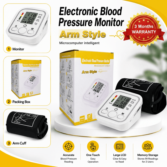 Electronic Blood Pressure Monitor – Arm Style 30 %Off ✔ Allow To Open Parcel ✔ 15-Day Checking Warranty ✔ 3 Months Guaranty ✔ Cash On Delivery - AuraVibezs.store