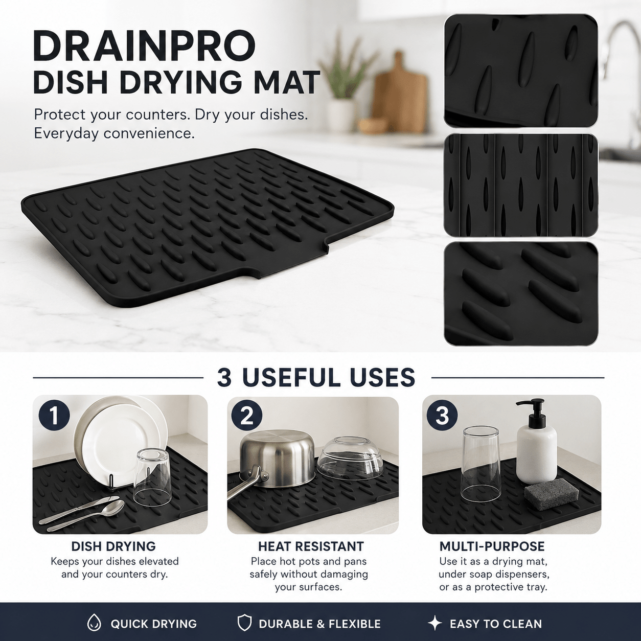 Drainpro Dish Drying Mat for Kitchen Counter, Easy Clean Waterproof Silicone Mat | 30 % Off Free Delivery |Allow TO OPen - AuraVibezs.store