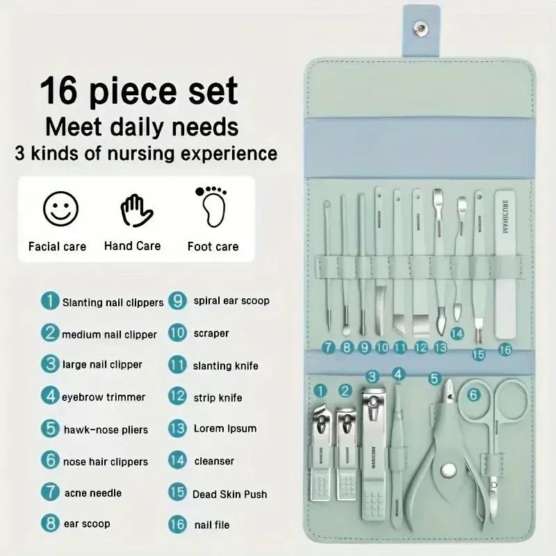 16pcs Manicure Pedicure Grooming Kit - AuraVibezs.store