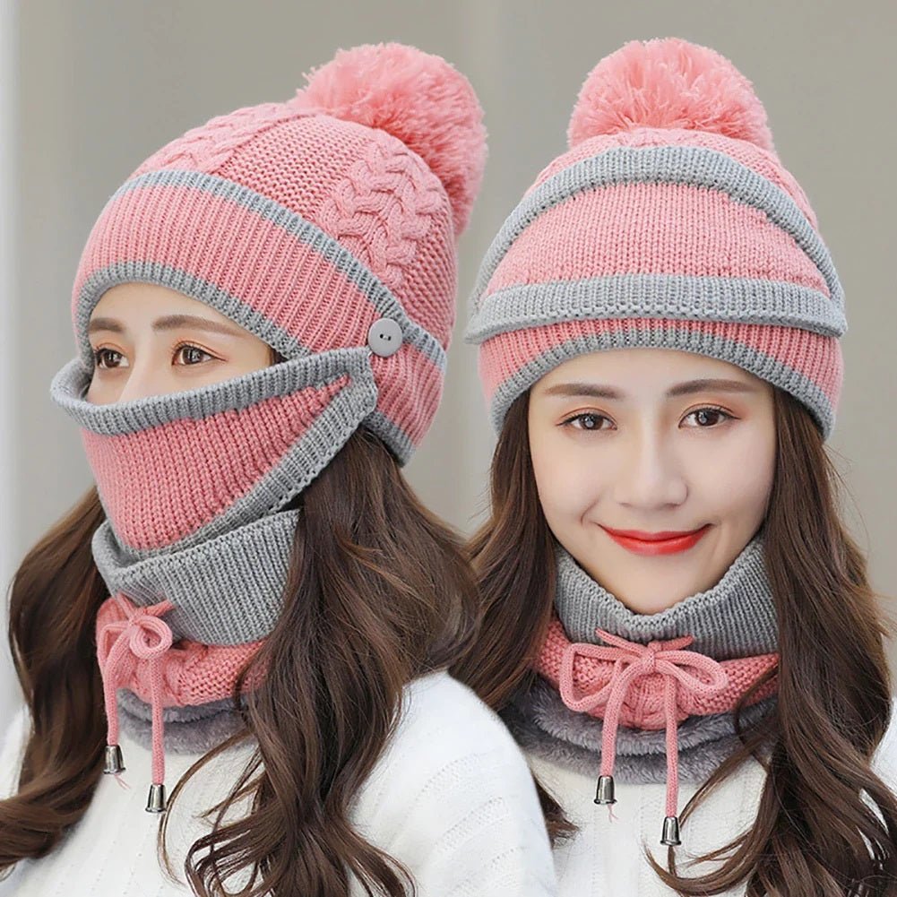 3PCS Womens Winter Warm Scarf Knitted Hat Mask with Filter Set Fashion Thickened Face Cover Outdoor UV Protection - AuraVibezs.store